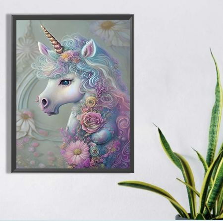 Tablouri cu diamante - Tablou GM501 Unicorn cu coama inflorata, Pictura cu Diamante, Goblen cu pietre 5D, cu rama de lemn, 40 x 50 cm