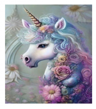 Tablouri cu diamante - Tablou GM501 Unicorn cu coama inflorata, Pictura cu Diamante, Goblen cu pietre 5D, cu rama de lemn, 40 x 50 cm