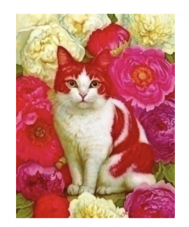 Tablouri DIY - Tablou GM537, Pisica cu bujori, Pictura cu Diamante, Goblen cu pietre 5D, cu rama de lemn, 40 x 50 cm