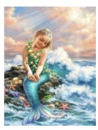 Tablouri DIY - Tablou GM513, Micuta sirena, Pictura cu Diamante, Goblen cu pietre 5D, cu rama de lemn, 40 x 50 cm