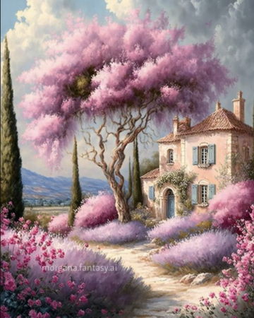 Tablouri cu diamante - Tablou GM713 Goblen Diamante Patrate, cu rama, 50 x 40 cm, Casuta cu lavanda si copac roz