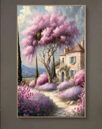 Tablouri cu diamante - Tablou GM713 Goblen Diamante Patrate, cu rama, 50 x 40 cm, Casuta cu lavanda si copac roz