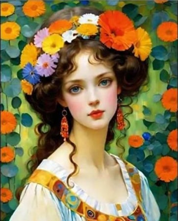 Tablouri cu diamante - Tablou GM752 Goblen Diamante Patrate, cu rama, 50 x 40 cm, Tanara cu coronita de flori