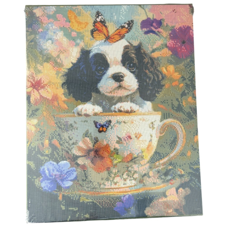 Tablouri cu diamante - Tablou GR02 Goblen Diamante Rotunde, cu rama, 50 x 40 cm, Catel in cescuta