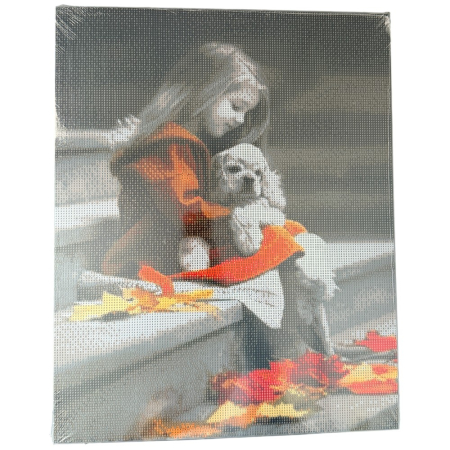 Tablouri cu diamante - Tablou GR03 Goblen Diamante Rotunde, cu rama, 50 x 40 cm, Fetita si catelul