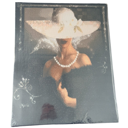 Tablouri cu diamante - Tablou GR07 Goblen Diamante Rotunde, cu rama, 50 x 40 cm, Femeie cu palarie alba