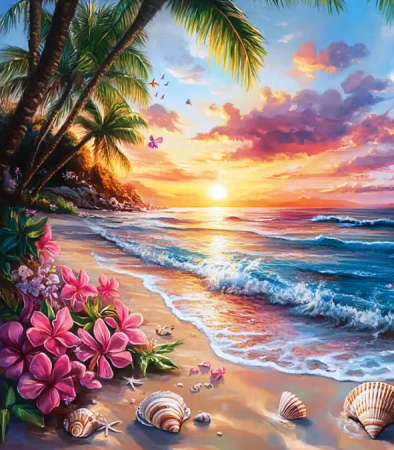 Tablouri pictura pe numere - Tablou PM10025, Plaja exotica la apus de soare, Picteaza dupa numere, cu rama de lemn, 40x50 cm