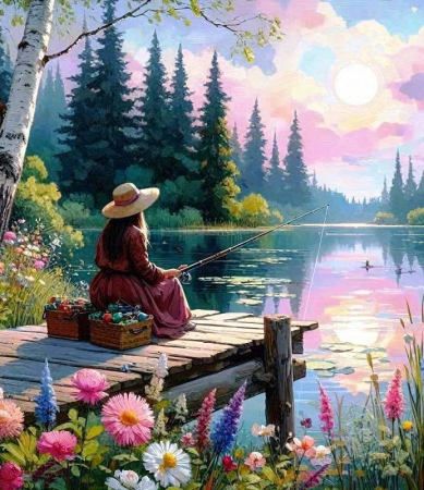 Tablouri pictura pe numere - Tablou PM10026, Femeie pe lac, Picteaza dupa numere, cu rama de lemn, 40x50 cm