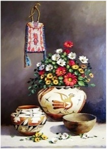 Tablouri pictura pe numere - Tablou PM1005 Vase de lut cu flori, Picteaza dupa numere, cu rama de lemn, 40 x 50 cm