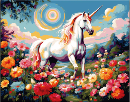 Tablouri pictura pe numere - Tablou PM2008 Picteaza Dupa Numere, cu rama, 40x50 cm, Unicorn alb in camp de flori