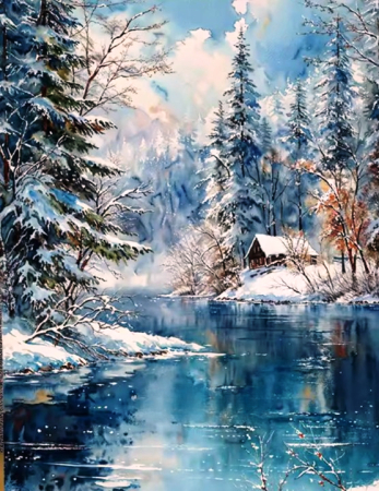 Tablouri pictura pe numere - Tablou PM2009 Picteaza Dupa Numere, cu rama, 40x50 cm, Pe rau, iarna