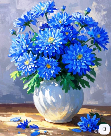 Tablouri pictura pe numere - Tablou PM2005 Picteaza Dupa Numere, cu rama, 40x50 cm, Vaza cu crizantele albastre