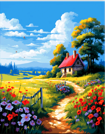 Tablouri pictura pe numere - Tablou PM2006 Picteaza Dupa Numere, cu rama, 40x50 cm, Casuta pe pajiste