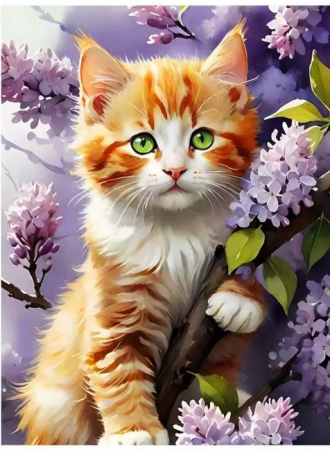 Tablouri DIY - Tablou PM702 Picteaza Dupa Numere, cu rama, 20x30 cm, Pisicuta in flori de liliac