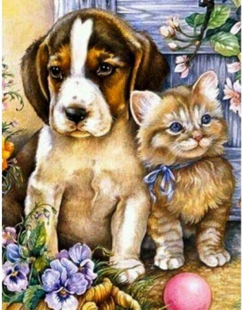 Tablouri pictura pe numere - Tablou PM615, Calet si pisicuta, Picteaza dupa numere, cu rama de lemn, 20x30 cm - Krista