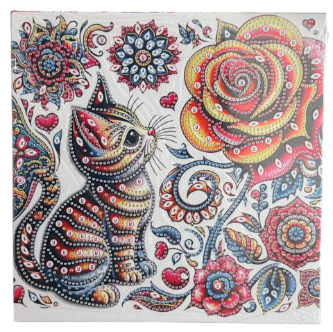 Tablouri cu diamante - Tablou YY103, Pisicuta si Trandafiri cu Diamante, cu Umplere partiala, cu rama, 25x25 cm