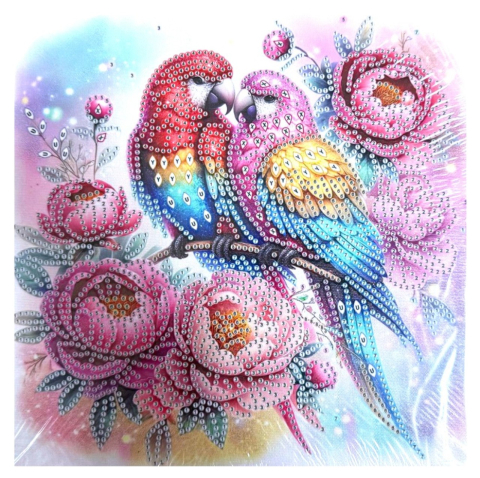 Tablouri cu diamante - Tablou YY74, Papagali si Bujori, cu Diamante, cu Umplere partiala, cu rama, 25x25 cm