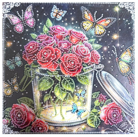 Tablouri cu diamante - Tablou YY80, Galetusa cu Trandafiri, cu Diamante, cu Umplere partiala, cu rama, 25x25 cm