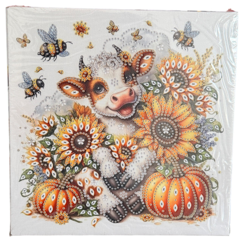 Tablouri cu diamante - Tablou YY83, Vacuta, Flori si Dovleci,  cu Diamante, cu Umplere partiala, cu rama, 25x25 cm