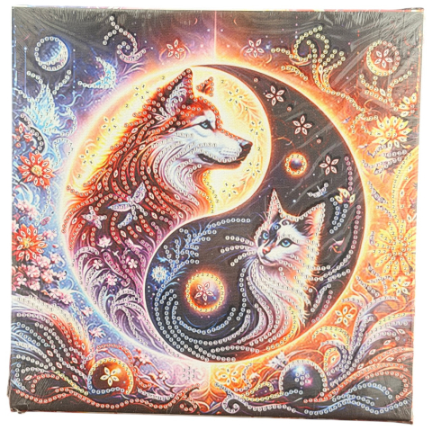 Tablouri cu diamante - Tablou YY86, Yin si yang, Lup si Pisica, cu Diamante, cu Umplere partiala, cu rama, 25x25 cm