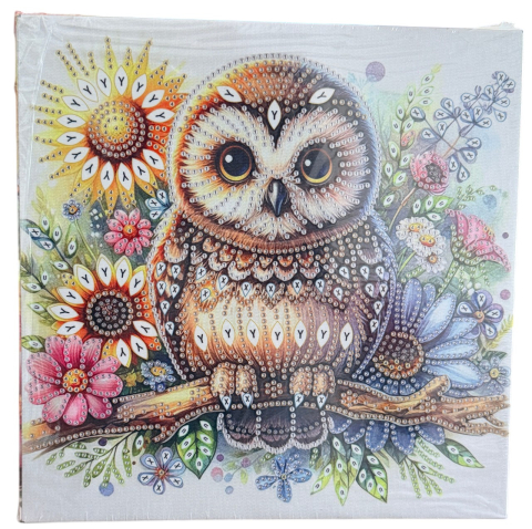 Tablouri cu diamante - Tablou YY91, Bufnita, cu Diamante, cu Umplere partiala, cu rama, 25x25 cm