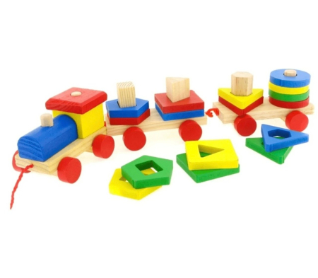 Jocuri si Jucarii - Trenulet de tras, cu sortator – Happy Train, 19 Forme Geometrice, din lemn