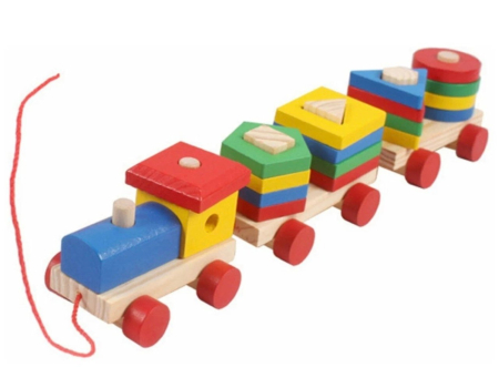 Jocuri si Jucarii - Trenulet de tras, cu sortator – Happy Train, 19 Forme Geometrice, din lemn