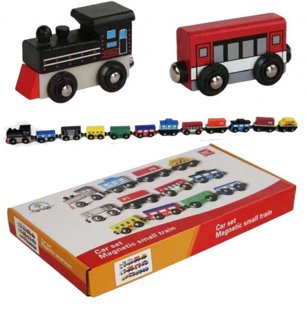 Trenulete si circuite din lemn - Set tren cu 12 piese, din lemn cu magnet, 96 cm