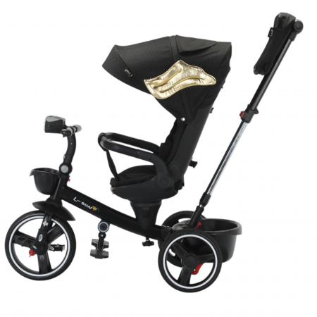 La plimbare - Tricicleta reversibila, evolutiva, cu pozitie de somn, roata cauciuc, cu lumini si muzica, SL06 negru cu aripi aurii