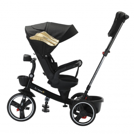 La plimbare - Tricicleta reversibila, evolutiva, cu pozitie de somn, roata cauciuc, cu lumini si muzica, SL06 negru cu aripi aurii
