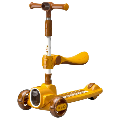 Trotinete pentru copii - Trotineta 2022 galben, cu scaun, 3 roti LED, muzica, pliabila, reglabila, 3-12 ani