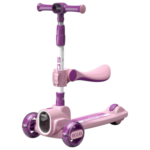 Trotinete pentru copii - Trotineta 2022 roz, cu scaun, 3 roti LED, muzica, pliabila, reglabila, 3-12 ani