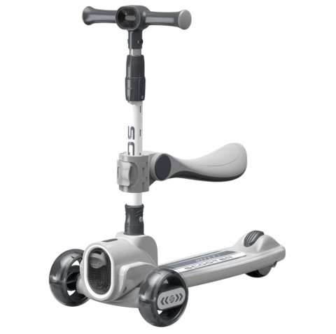 Trotinete pentru copii - Trotineta 2022 gri, cu scaun, 3 roti LED, muzica, pliabila, reglabila, 3-12 ani