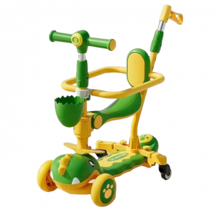Trotinete pentru copii - Trotineta 6 in 1, TR36 Dinozaurul Verde, cu maner de impins si bare de protectie 2-12 ani