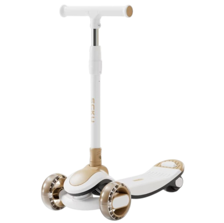 La plimbare - Trotineta copii 807 Crem, pliabila, reglabila 4 trepte, 3 roti, lumini si muzica, 3-10 ani