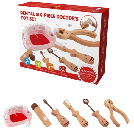 Jocuri si Jucarii - Trusa de dentist din lemn pentru copii Dental Set cu mulaj dentar si 6 piese, +3 ani