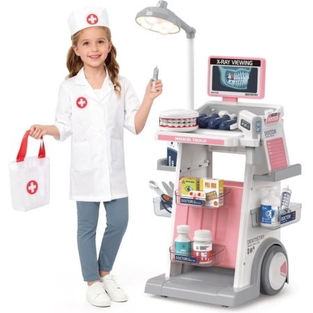 Jocuri si Jucarii - Set carucior medical Doctor Dentist cu maxilar interactiv, lumini si 26 accesorii, roz, +4 ani