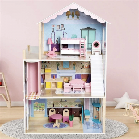 Casute si accesorii papusi - Vila pentru papusi cu 4 camere, mobilier si 14 accesorii, din lemn