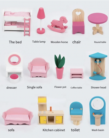 Vila pentru papusi cu 4 camere, mobilier si 14 accesorii, din lemn [5]