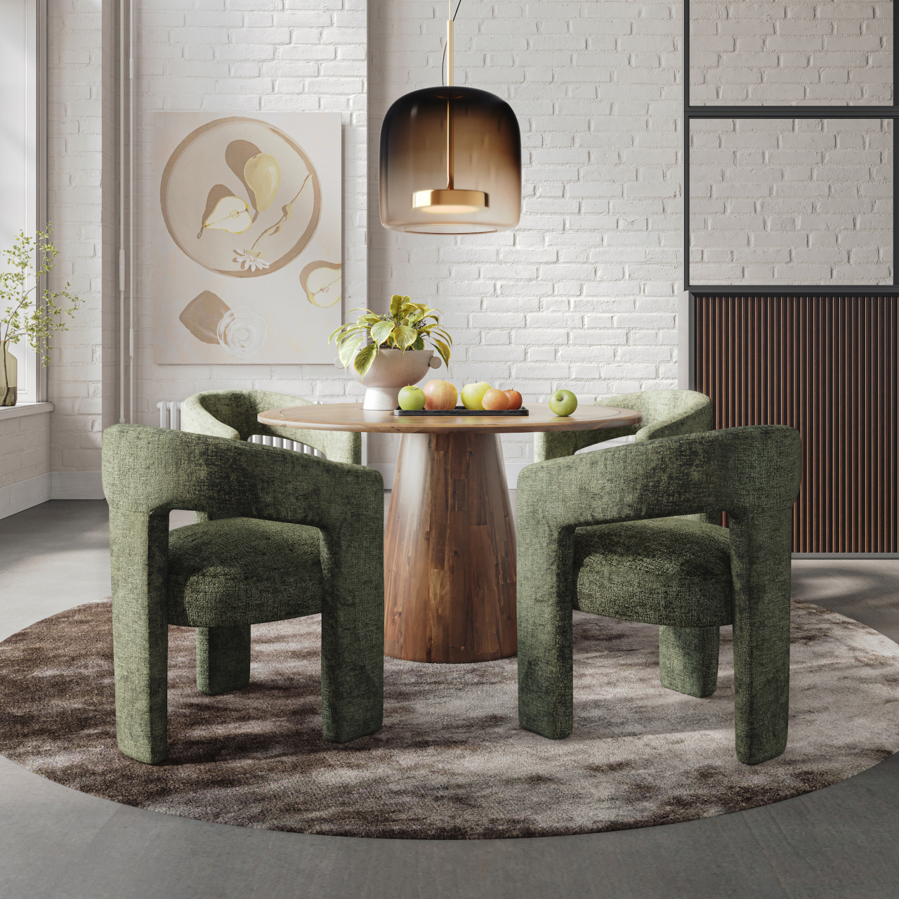 Set Masa Rotunda Avola si 4 Scaune Leith Tapitate Verde Olive [1]
