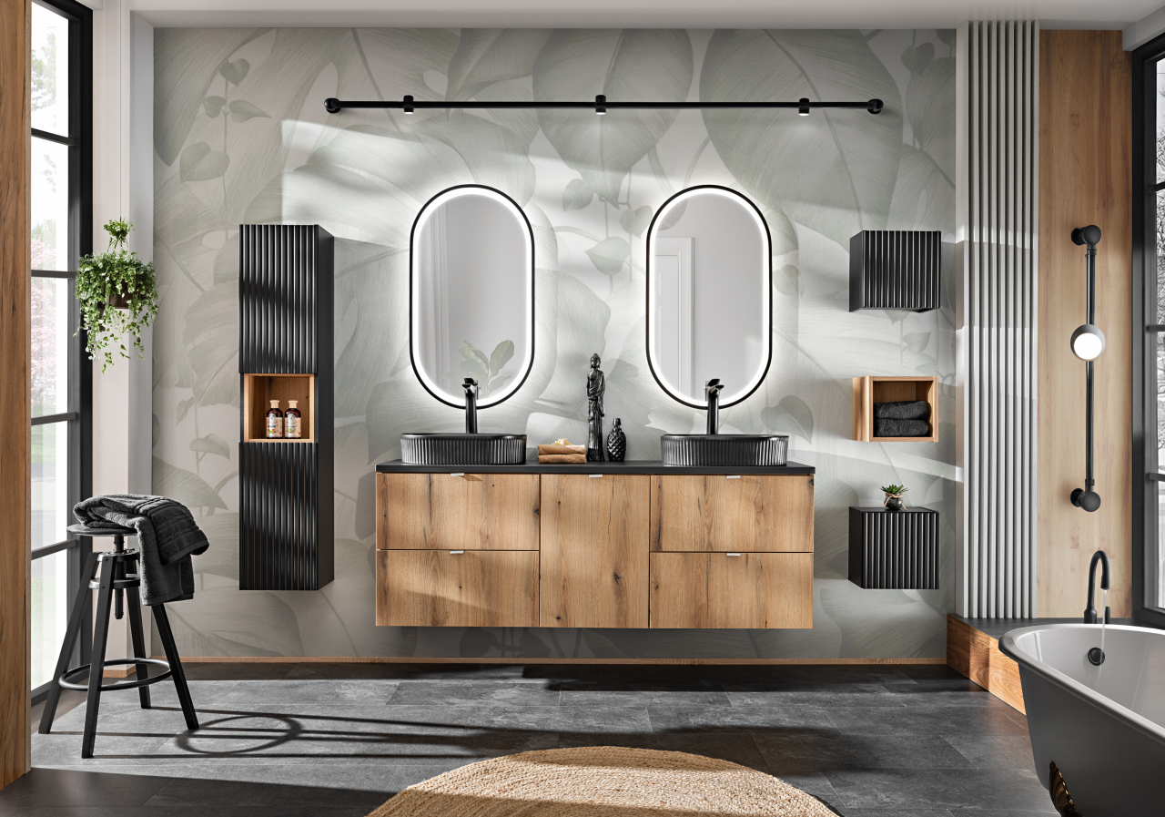 Set Baie Nova Oak & Black 160 cm cu Cos pentru Rufe [2]