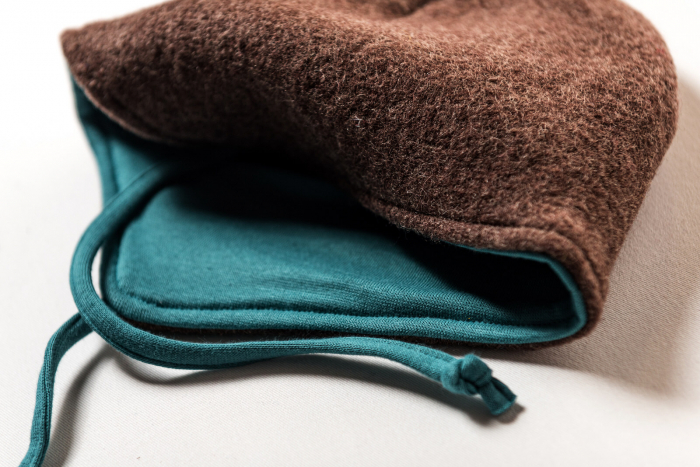 Căciulă din lână fiartă maro dublată cu bumbac organic turquoise, pentru copii [2]