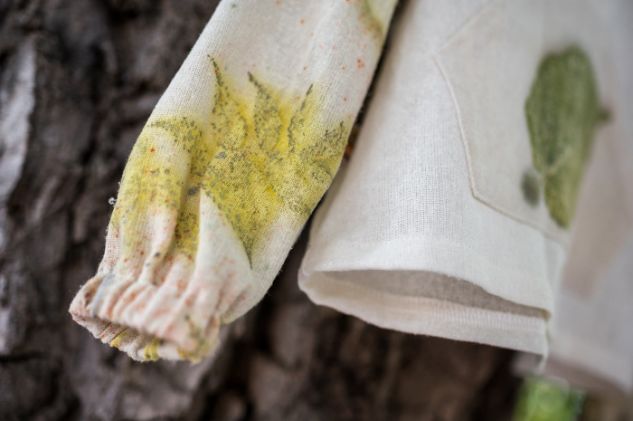 Cămașă din borangic cu buzunar frontal și mâneci imprimate cu plante-ecoprint, pentru bebeluși, M86 [3]