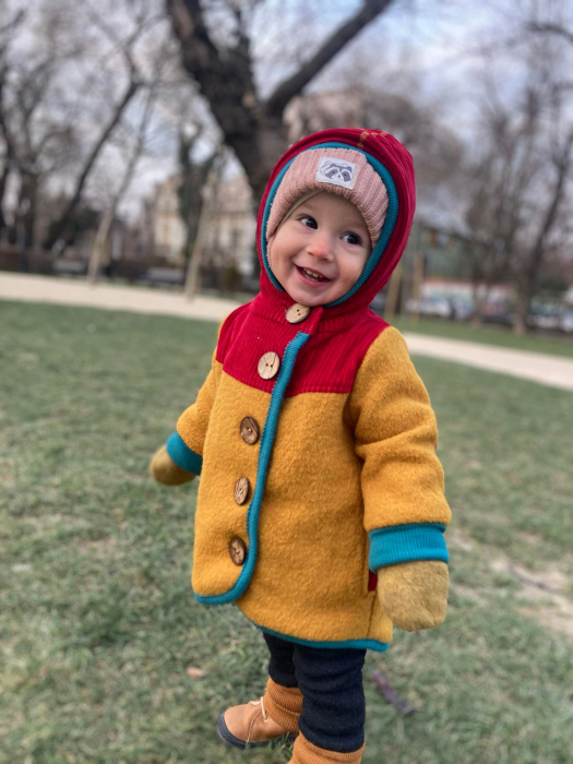 Jachetă din lână fiartă muștar cu velur din bumbac organic roșu, pentru copii, 9 ani [9]