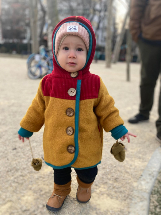 Jachetă din lână fiartă muștar cu velur din bumbac organic roșu, pentru copii, 9 ani [10]