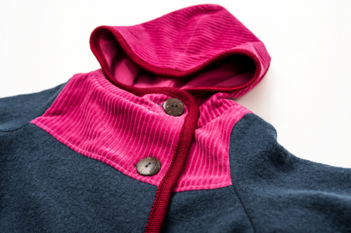 Jachetă din lână merinos fiartă navy și velur din bumbac organic vișiniu, pentru copii [5]