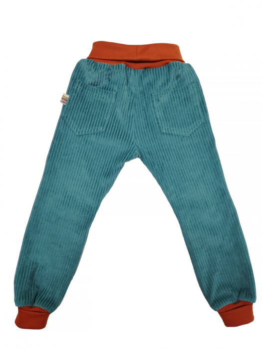 Pantaloni din velur reiat organic verde-turquoise pentru copii [2]