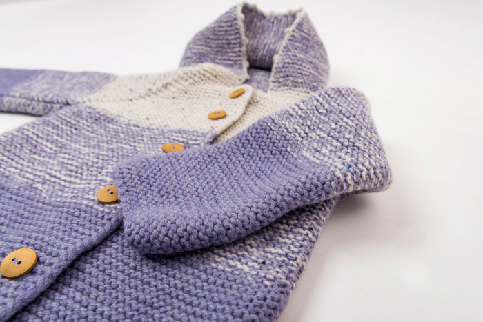 Pulover tricotat handmade în degrade, din lână merinos alb și lila, pentru bebeluși [6]
