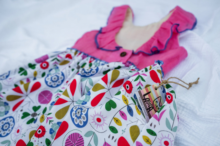 Rochie din in topit roz și bumbac cu model, pentru fete [5]