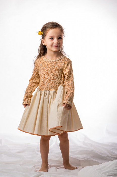 Rochie din jerse de lână merinos organică cu floricele și bumbac Carpatin natur, pentru fete [2]